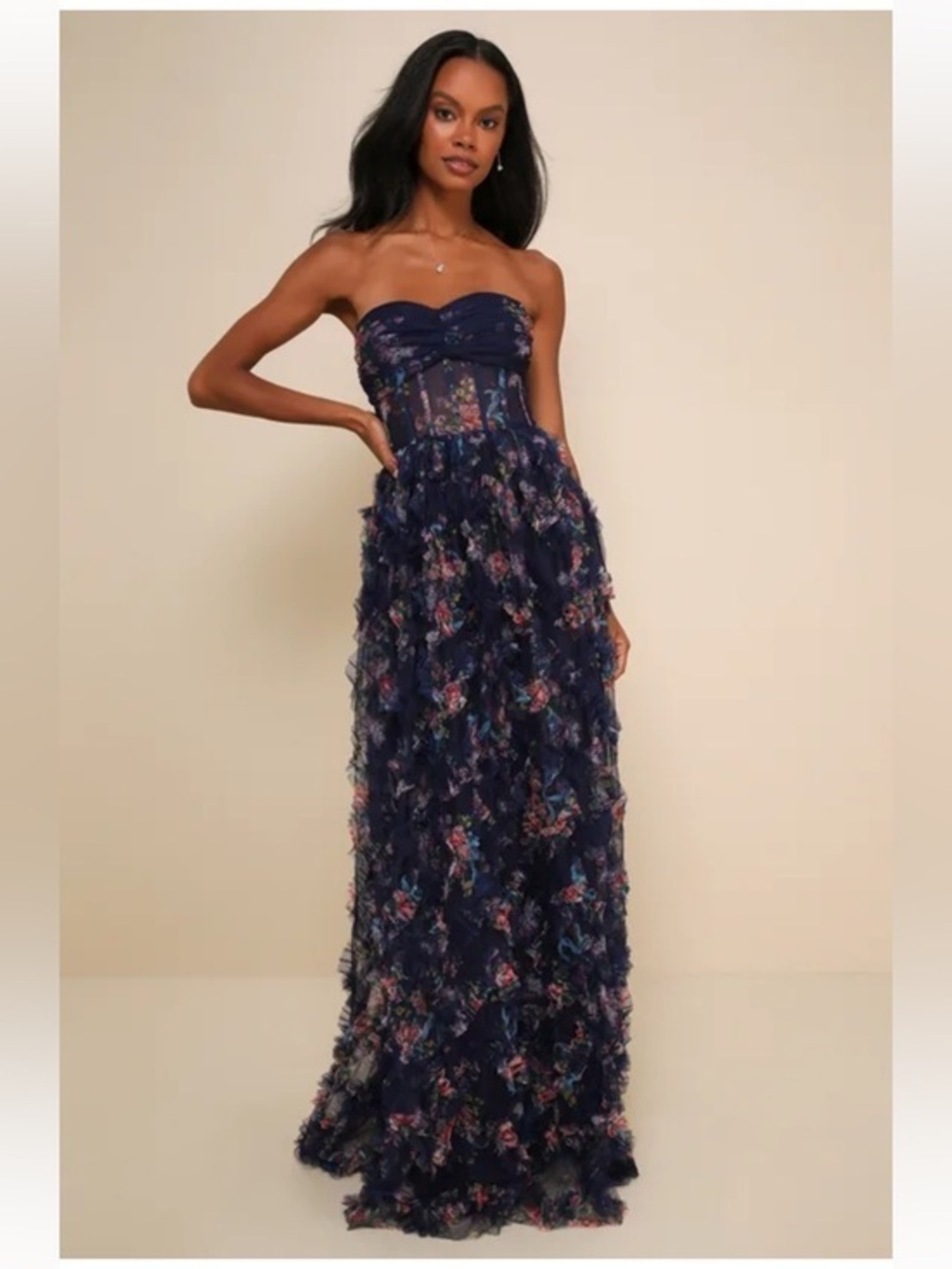 NWT Lulus Stunning Element Navy Floral Mesh Ruffled Strapless Maxi Dress